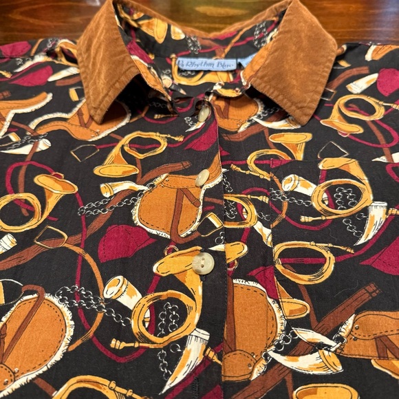 Vtg 90s Rhythm Blue Equestrian Shirt Fx Velvet Collar Horse Saddle Horn Print XL - Picture 7 of 15